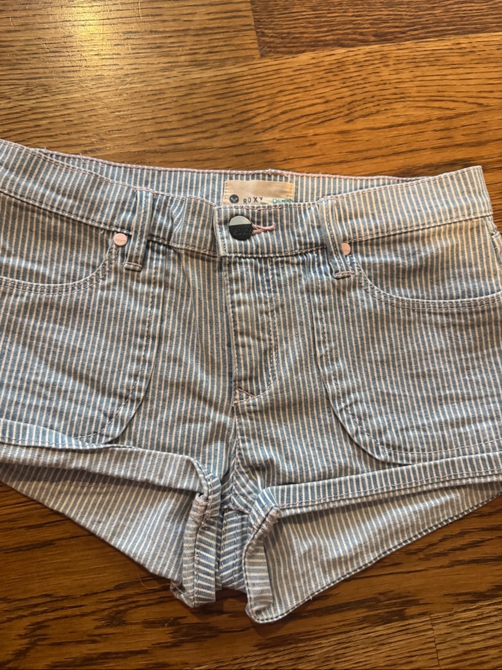 Roxy Light Blue and White pin Striped Jean Shorts